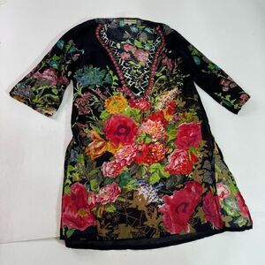 Antica Sartoria Tunic Dress Womens Small Deep V Neck Beaded Floral Long Sleeve